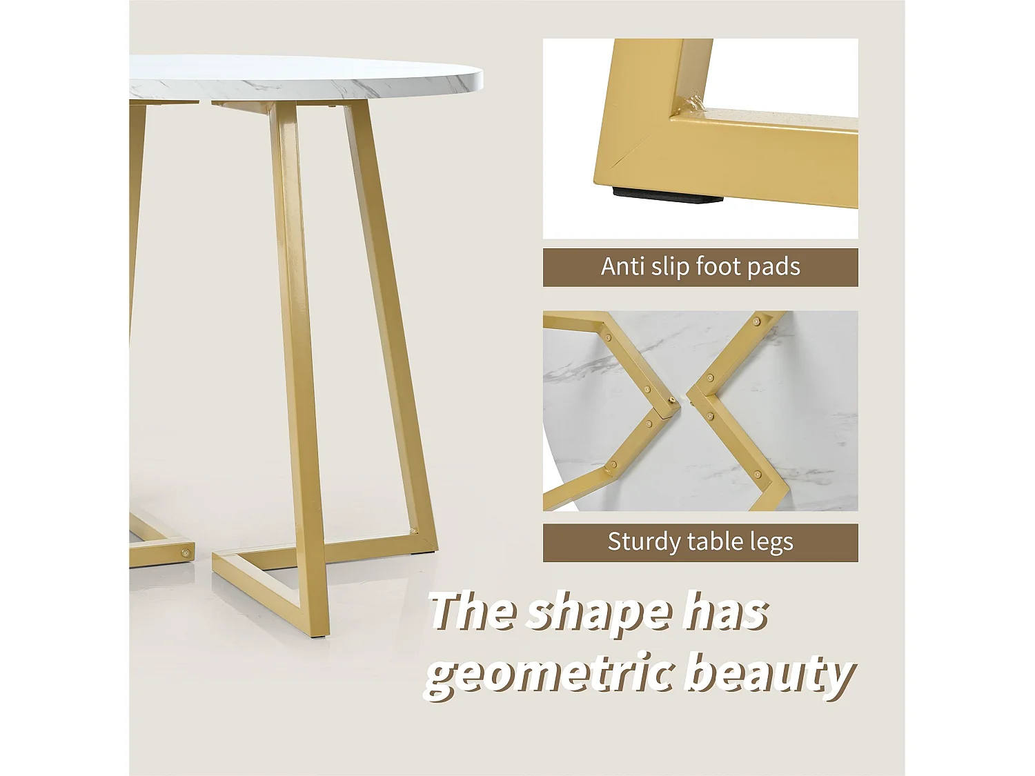 Table à manger ronde - structure en métal - placage à motif de marbre - Blanc & Doré