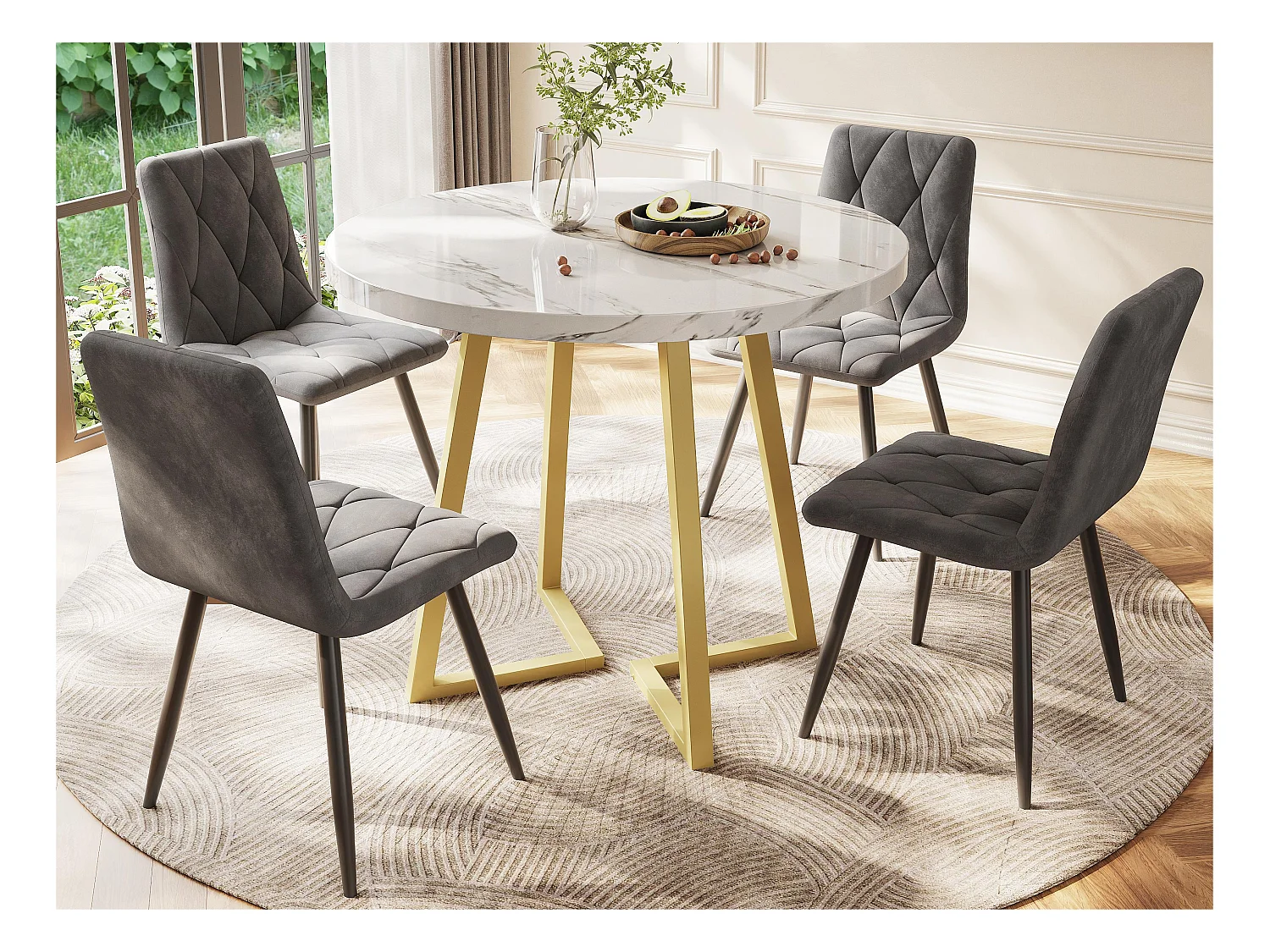 Table à manger ronde - structure en métal - placage à motif de marbre - Blanc & Doré
