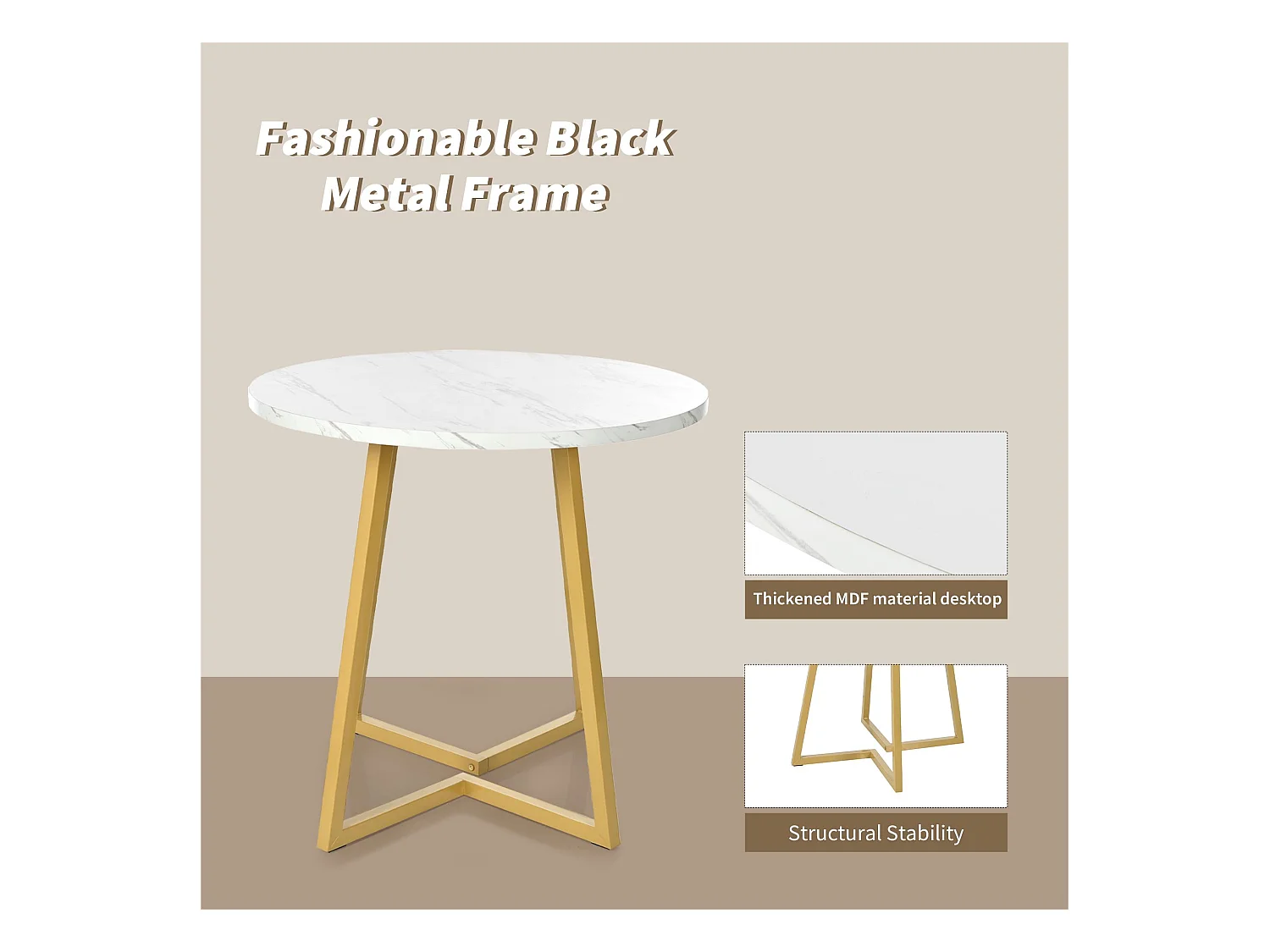 Mesa de comedor redonda - estructura de metal - chapa de mármol - Blanco y Oro