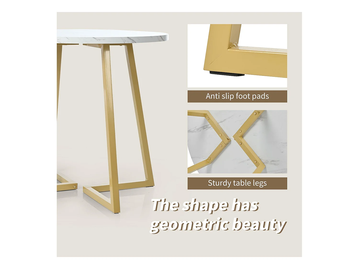 Mesa de comedor redonda - estructura de metal - chapa de mármol - Blanco y Oro