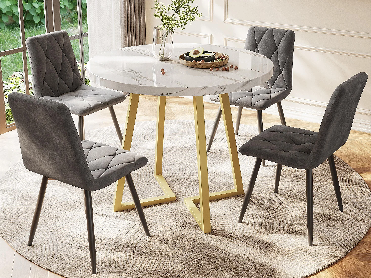 Ronde eettafel - metalen structuur - marmerpatroon fineer - Wit & Goud