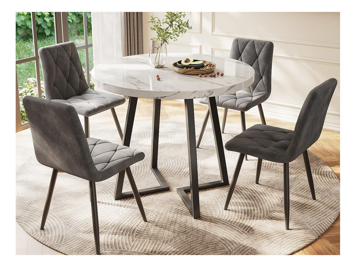 Table à manger ronde - structure en métal - placage à motif de marbre - Blanc & Noir