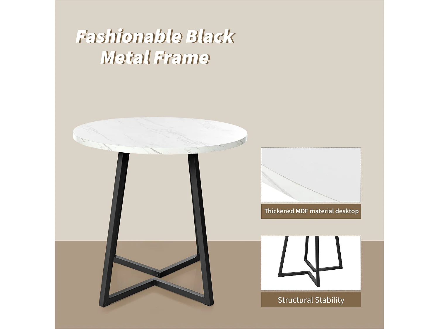 Mesa de comedor redonda - estructura de metal - chapa de mármol - Blanco y Negro