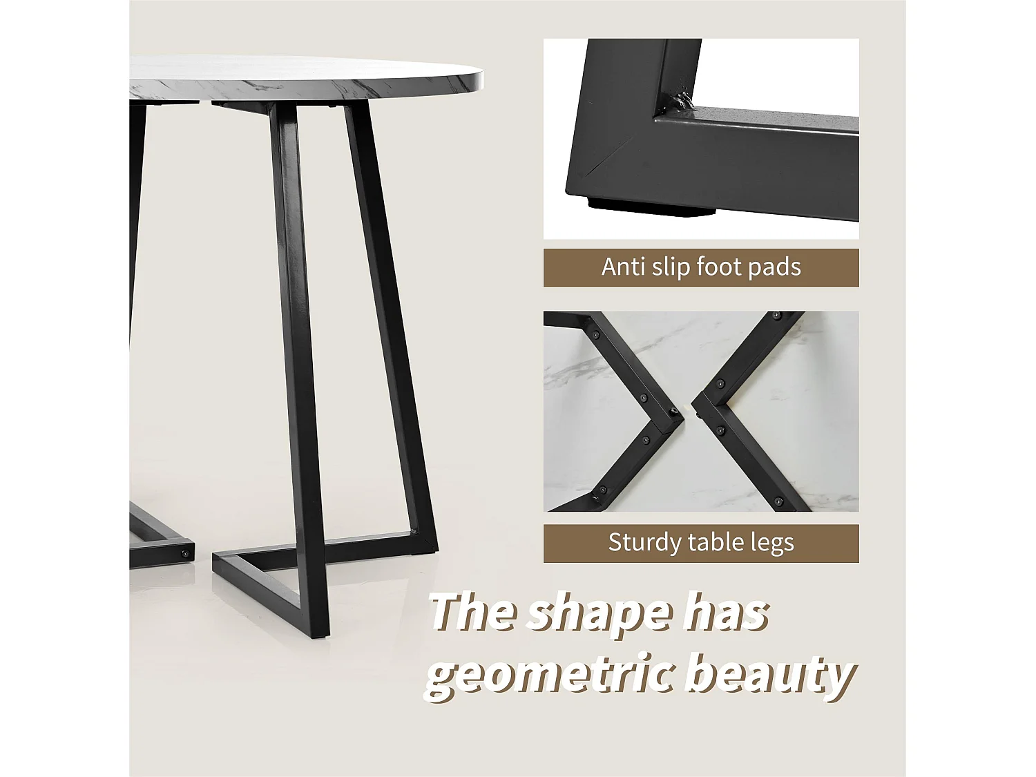 Mesa de comedor redonda - estructura de metal - chapa de mármol - Blanco y Negro