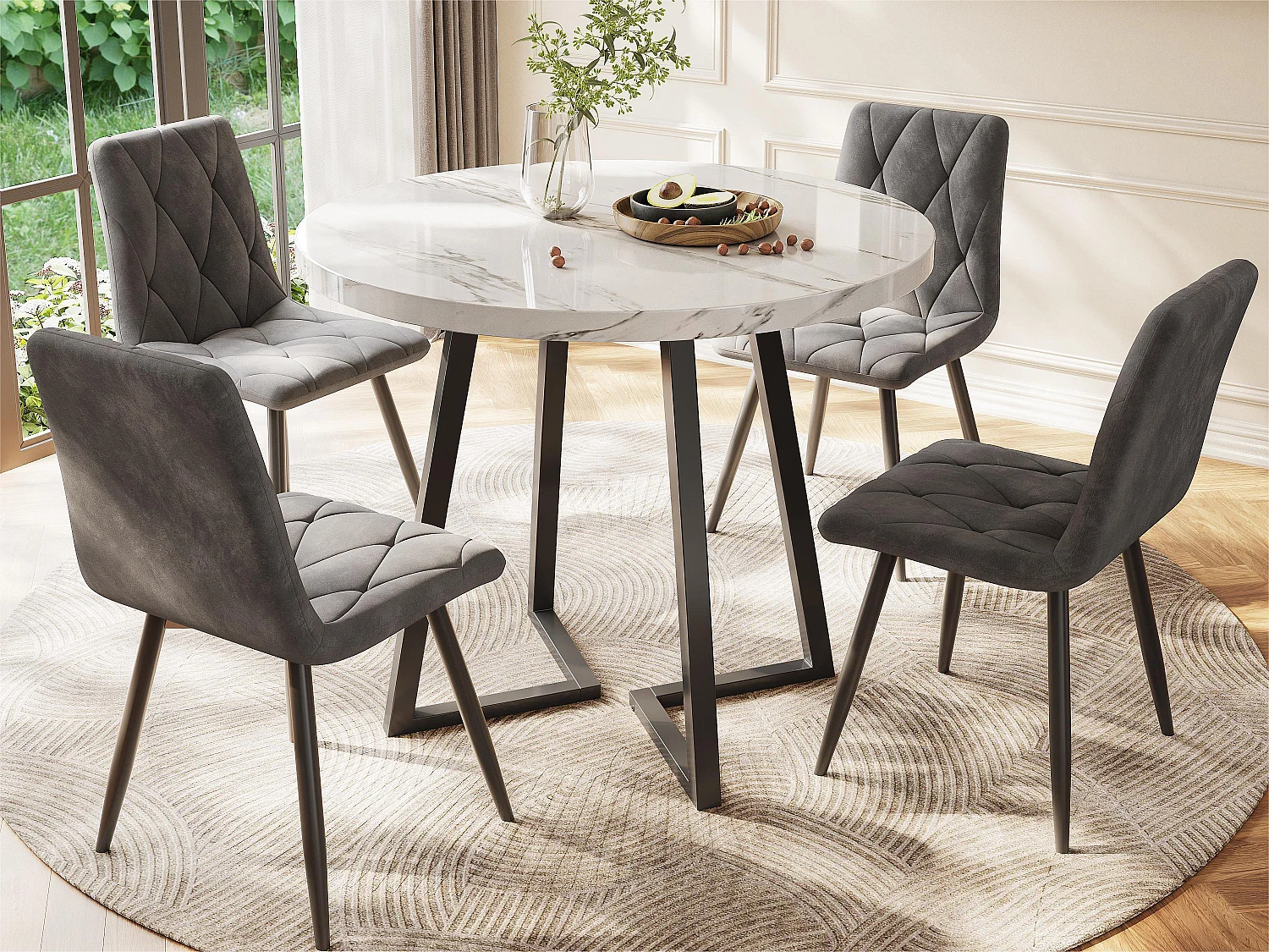 Ronde eettafel - metalen structuur - marmerpatroon fineer - Wit & Zwart