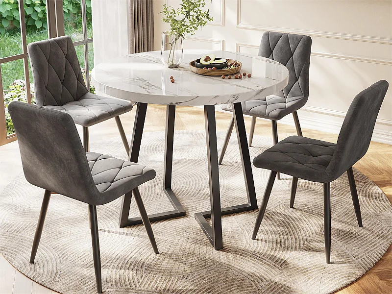 Runder Esstisch – Metallstruktur – Furnier mit Marmormuster – Weiß und Schwarz