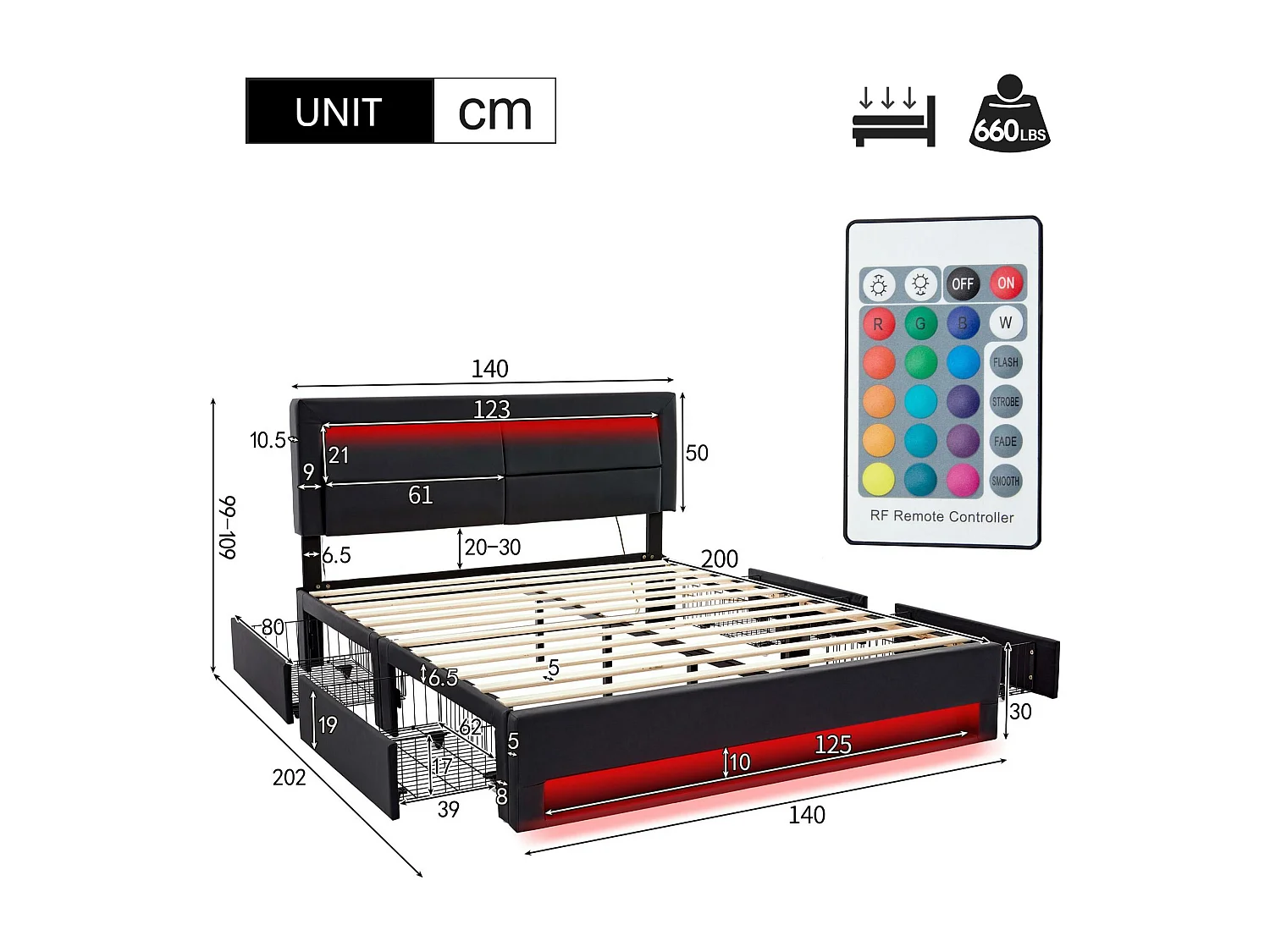 Lit double 140x200 cm en similicuir avec LED - 4 tiroirs - avec ports de recharge (filaire & sans fil) - Noir