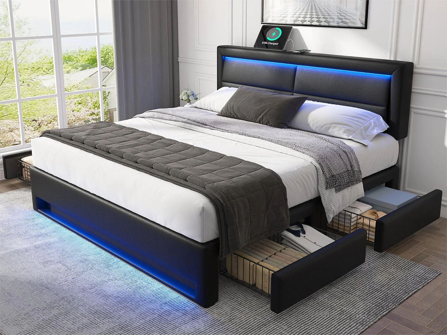 Lit double 140x200 cm en similicuir avec LED - 4 tiroirs - avec ports de recharge (filaire & sans fil) - Noir