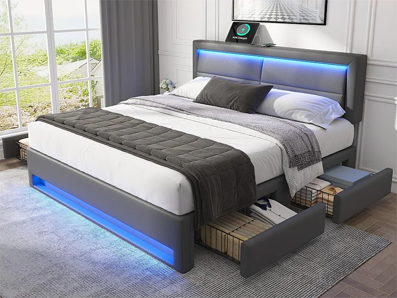 Lit double 160x200 cm en similicuir avec LED - 4 tiroirs - avec ports de recharge (filaire & sans fil) - Gris