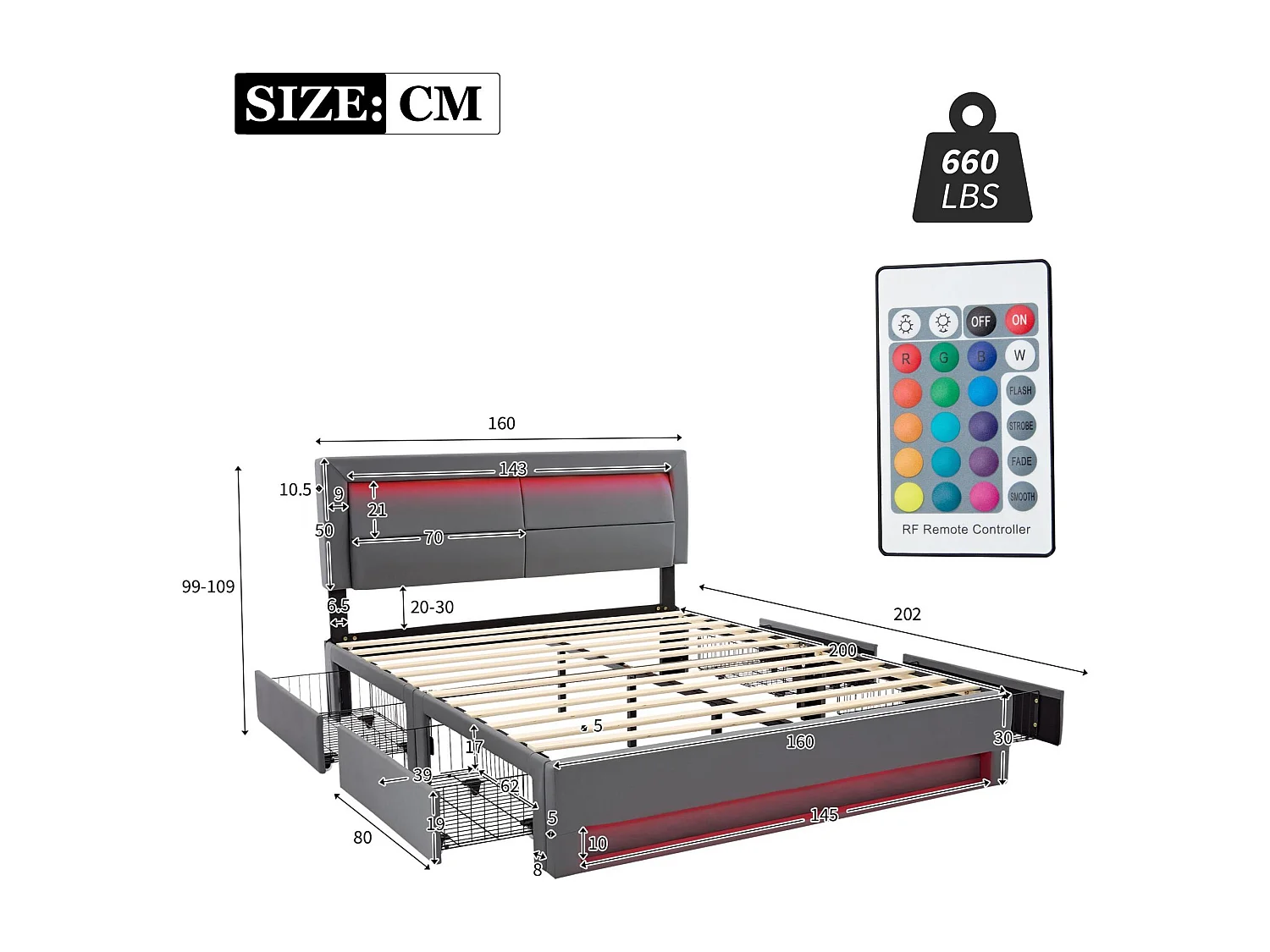 Cama de casal 160x200 cm em imitação de pele com LED - 4 gavetas - com portas de carregamento (com e sem fios) - Cinza