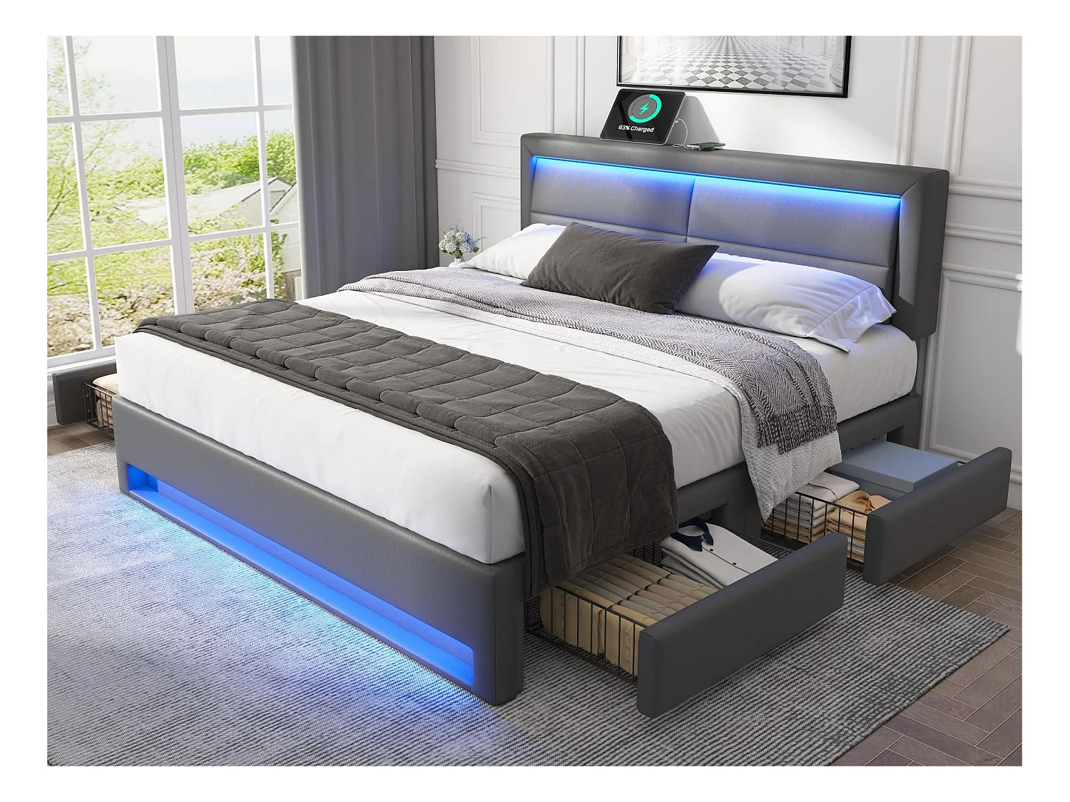 Lit double 160x200 cm en similicuir avec LED - 4 tiroirs - avec ports de recharge (filaire & sans fil) - Gris