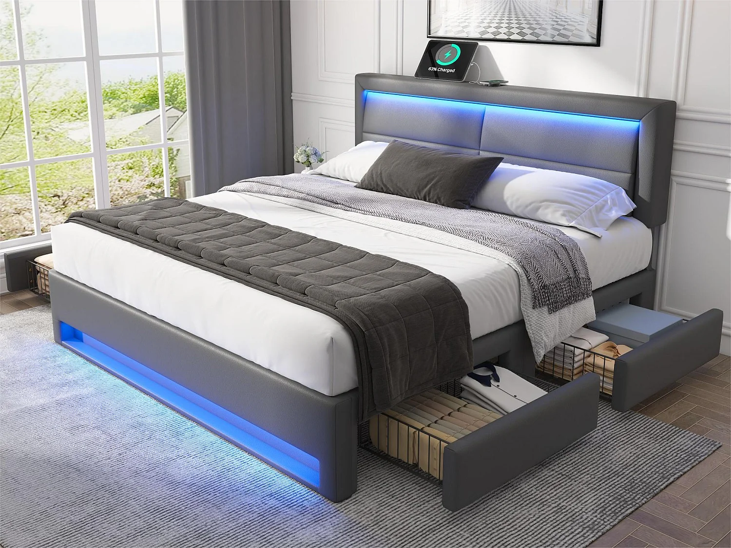 Lit double 160x200 cm en similicuir avec LED - 4 tiroirs - avec ports de recharge (filaire & sans fil) - Gris