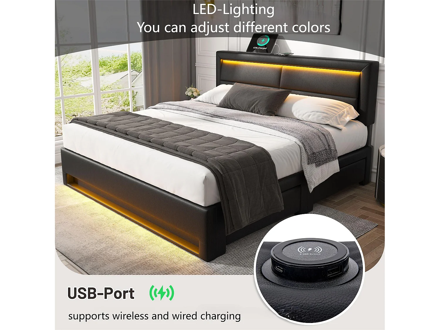 Lit double 160x200 cm en similicuir avec LED - 4 tiroirs - avec ports de recharge (filaire & sans fil) - Noir