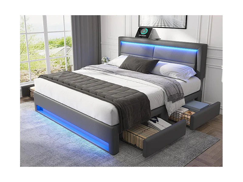 Cama de casal 140x190 cm em imitação de pele com LED - 4 gavetas - com portas de carregamento (com e sem fios) - Cinza