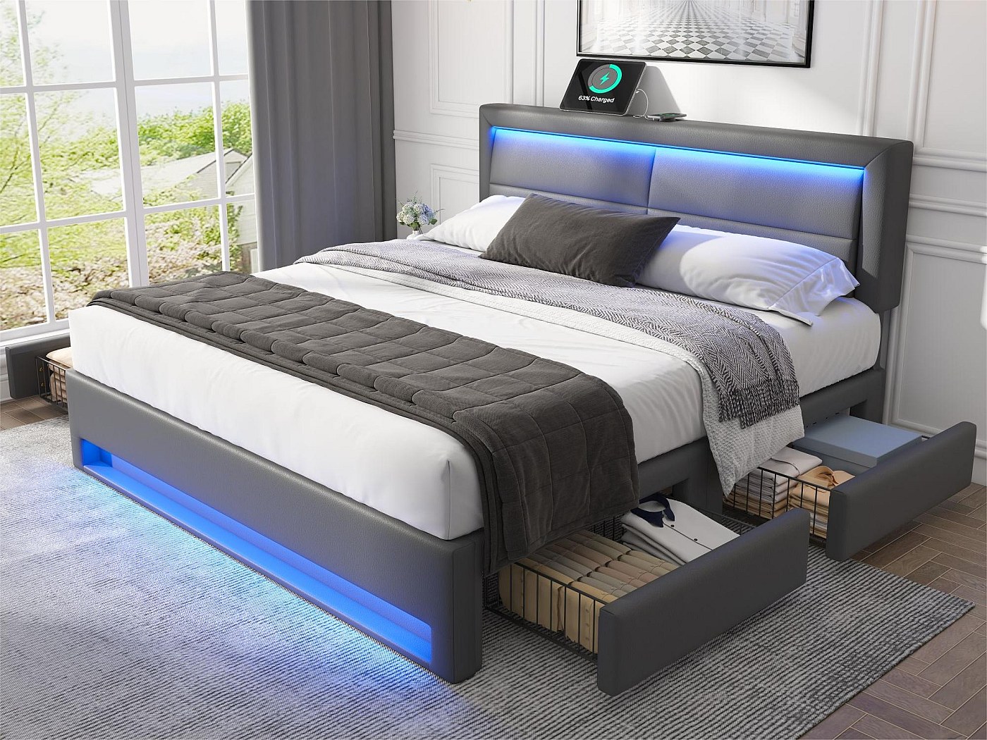 Doppelbett 140 x 190 cm aus Kunstleder mit LED – 4 Schubladen – mit ...