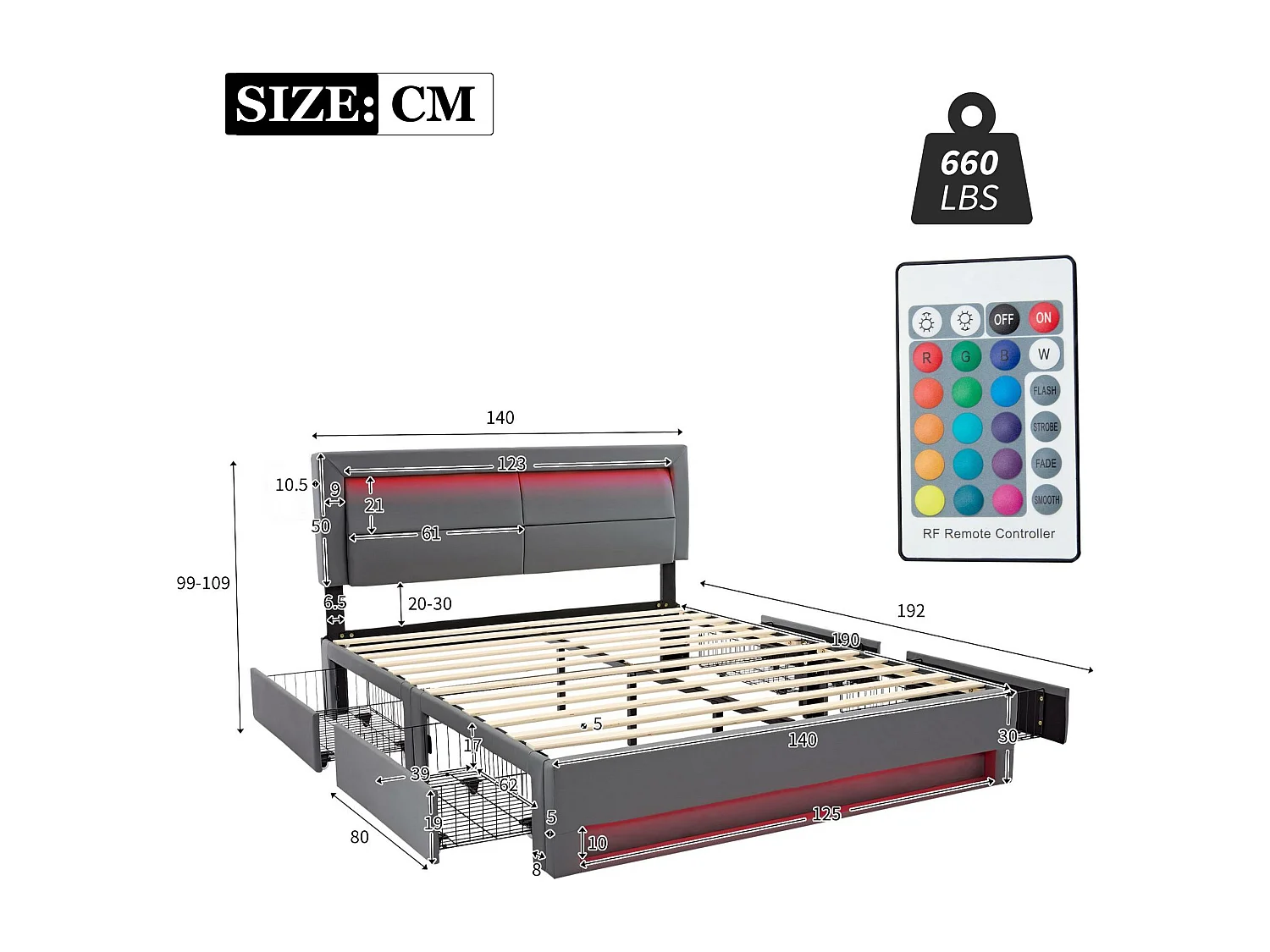 Doppelbett 140 x 190 cm aus Kunstleder mit LED – 4 Schubladen – mit Ladeanschlüssen (kabelgebunden und kabellos) – Grau