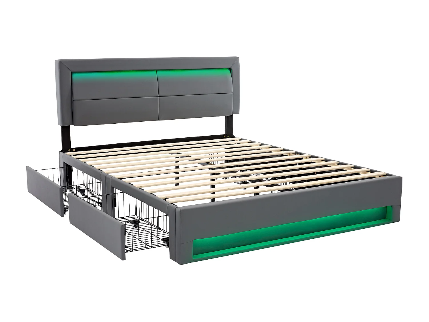 Doppelbett 140 x 190 cm aus Kunstleder mit LED – 4 Schubladen – mit Ladeanschlüssen (kabelgebunden und kabellos) – Grau