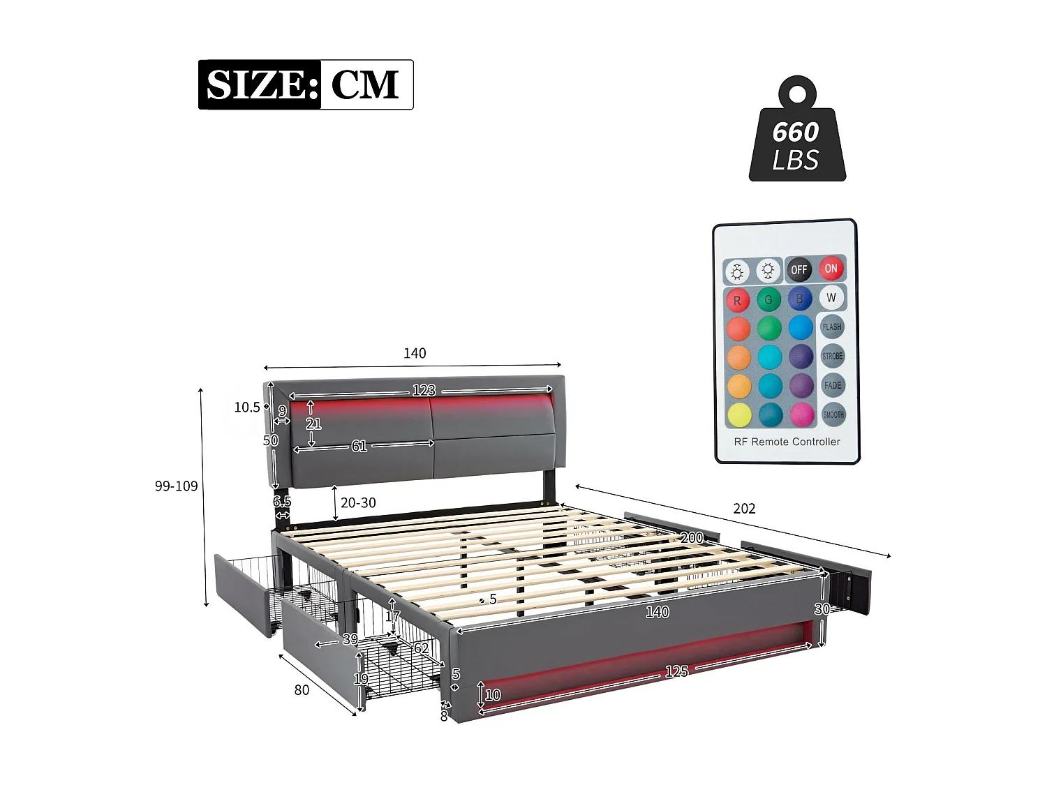 Cama de casal 140x200 cm em imitação de pele com LED - 4 gavetas - com portas de carregamento (com e sem fios) - Cinza