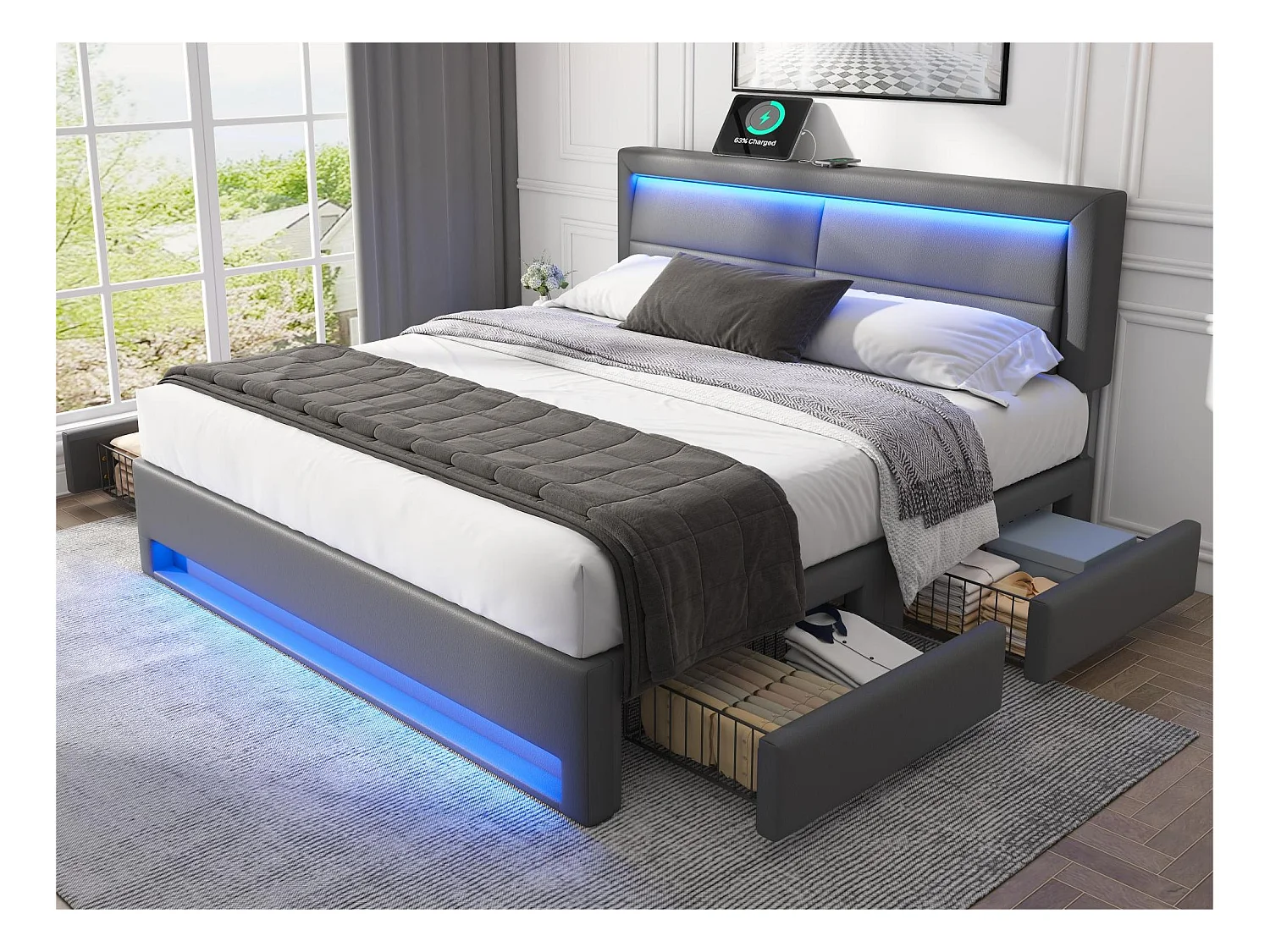 Lit double 140x200 cm en similicuir avec LED - 4 tiroirs - avec ports de recharge (filaire & sans fil) - Gris