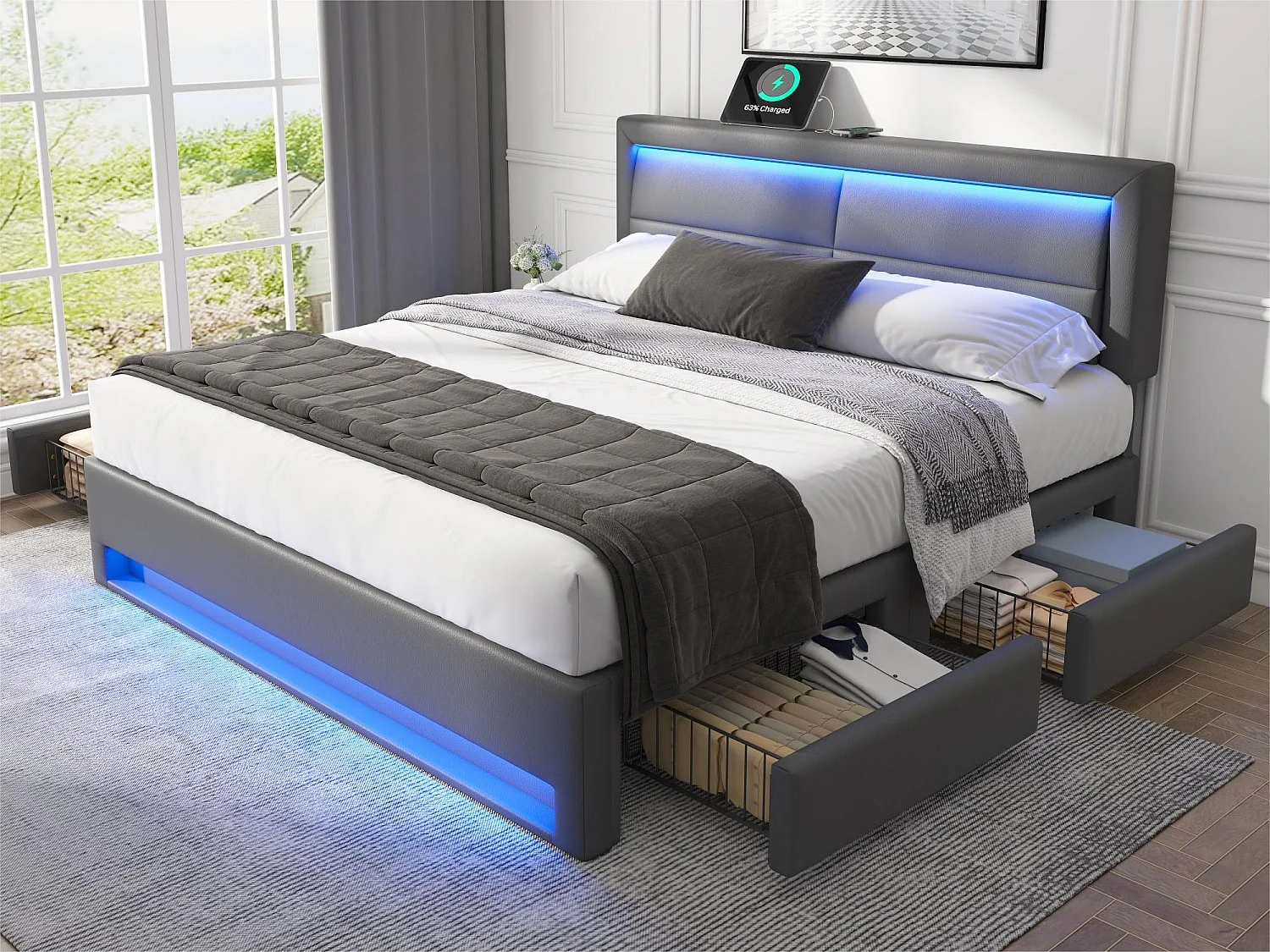 Letto matrimoniale 140x200 cm in similpelle con LED - 4 cassetti - con prese di ricarica (cablata e wireless) - Grigio