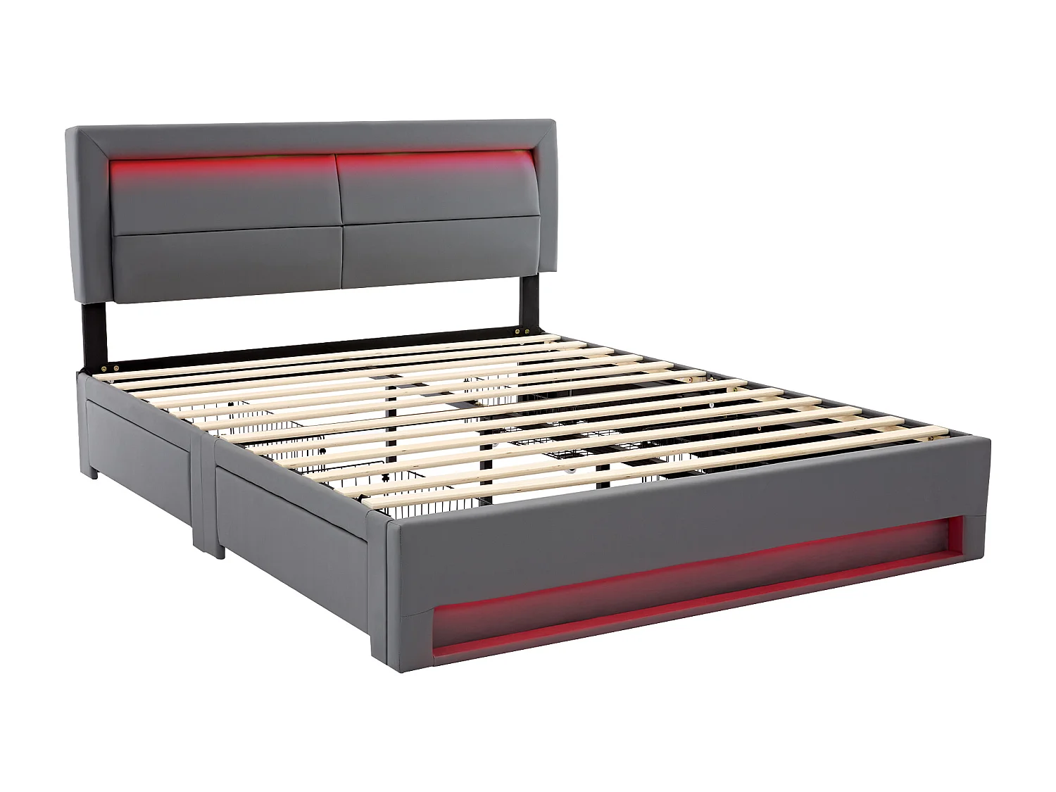 Letto matrimoniale 140x200 cm in similpelle con LED - 4 cassetti - con prese di ricarica (cablata e wireless) - Grigio