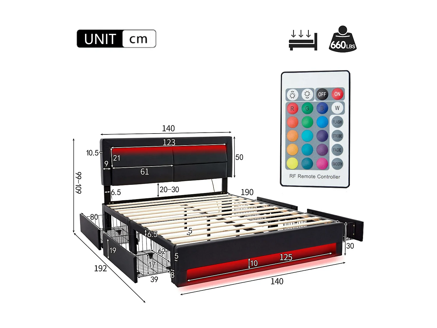 Lit double 140x190 cm en similicuir avec LED - 4 tiroirs - avec ports de recharge (filaire & sans fil) - Noir