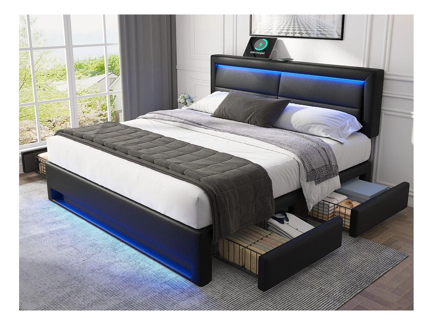 Lit double 140x190 cm en similicuir avec LED - 4 tiroirs - avec ports de recharge (filaire & sans fil) - Noir