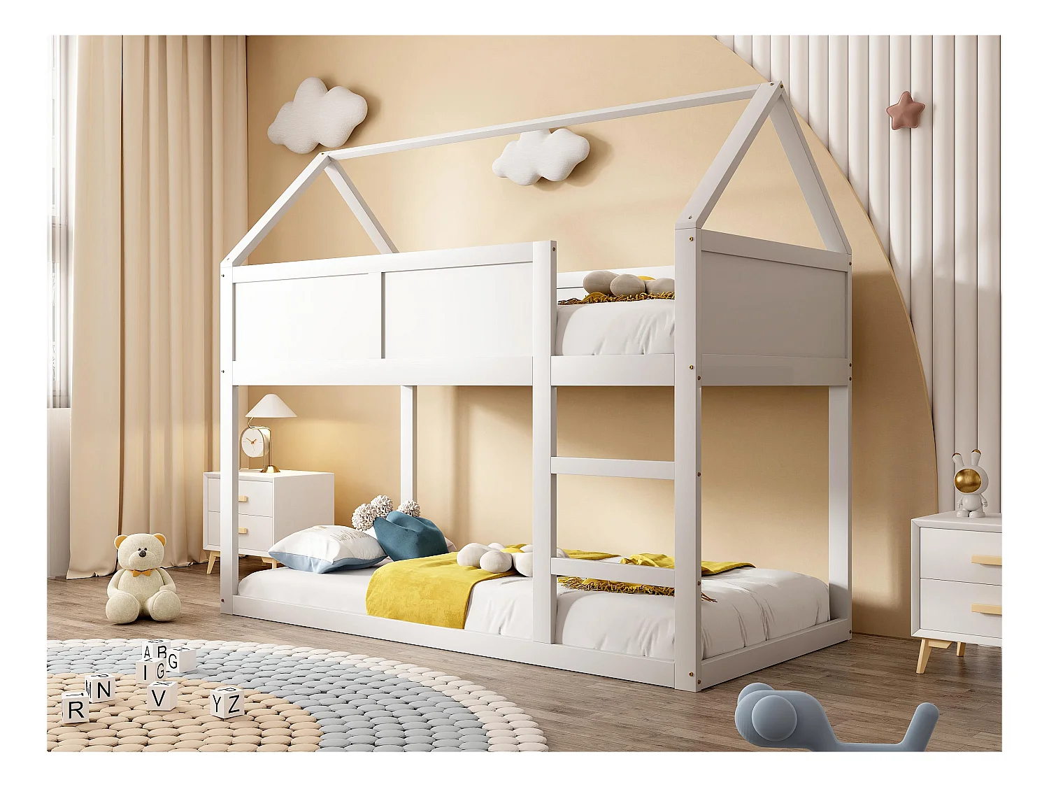 Etagenbett 90x200cm – mit Treppe – Massivholzstruktur – Weiß