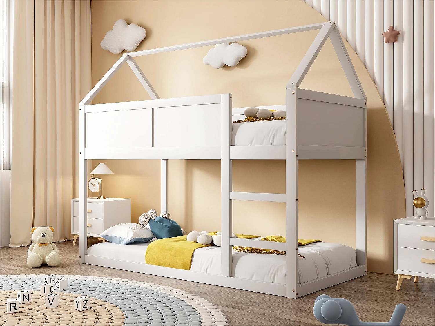 Lit superposé 90x200cm - avec escalier - structure en bois massif - Blanc