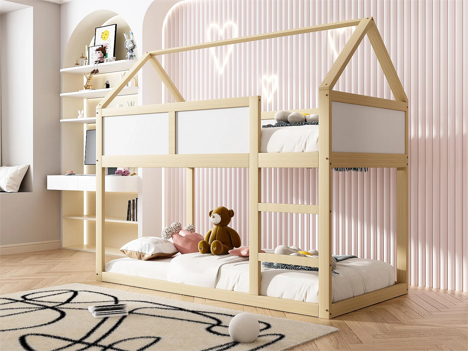 Stapelbed 90x200cm - met trap - massief houtstructuur - Naturel