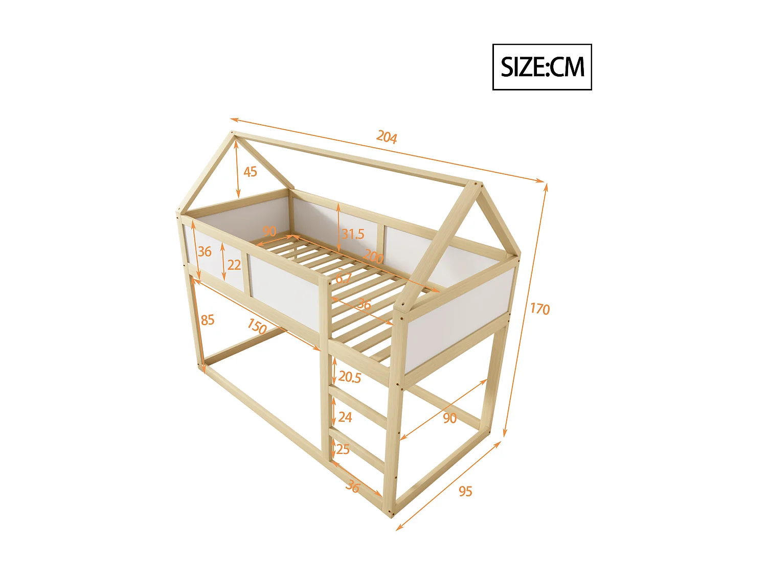 Lit superposé 90x200cm - avec escalier - structure en bois massif - Naturel