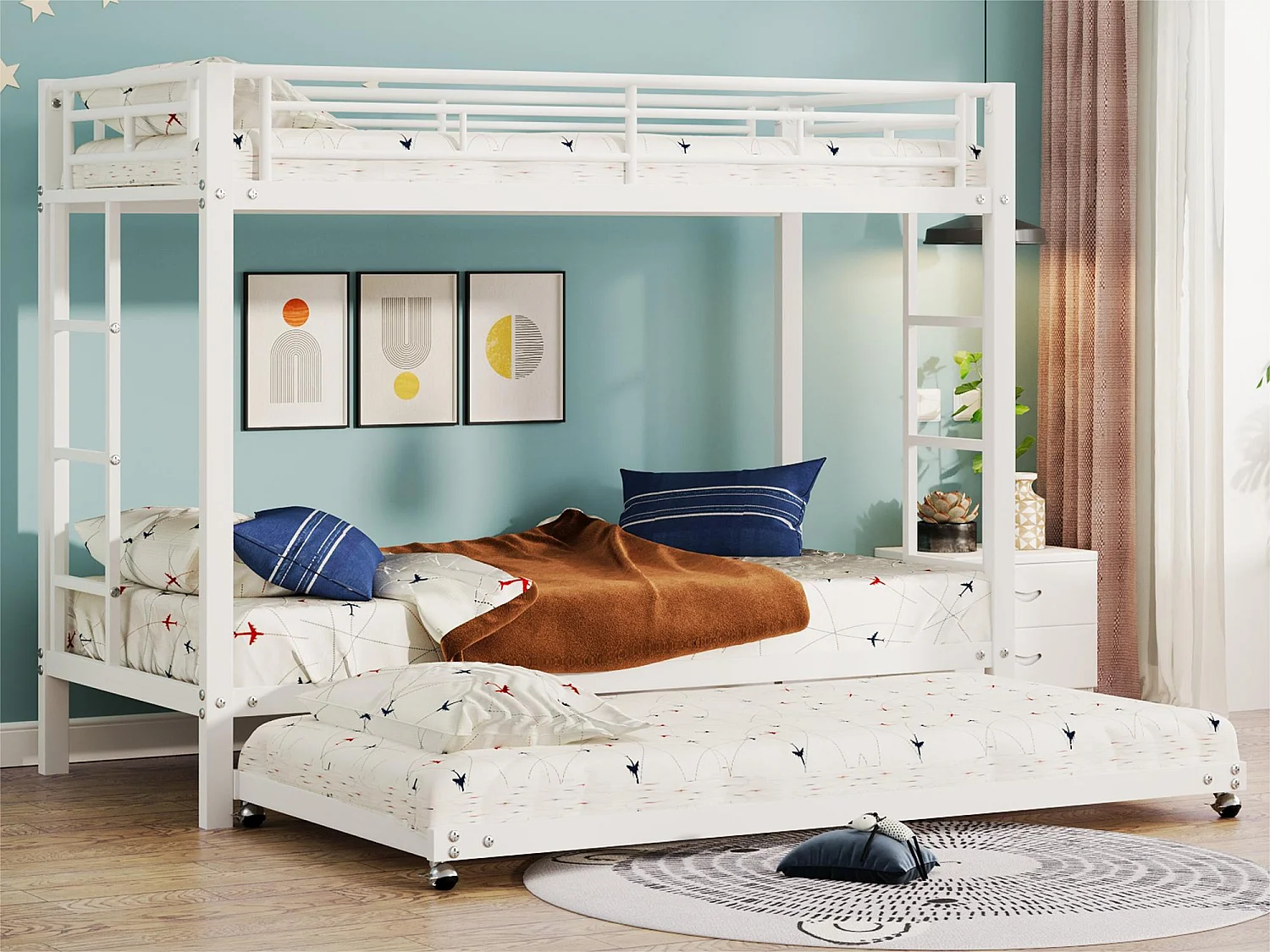 Lit superposé 90x200cm en métal - avec un lit gigogne 90x190cm à roulette - Blanc