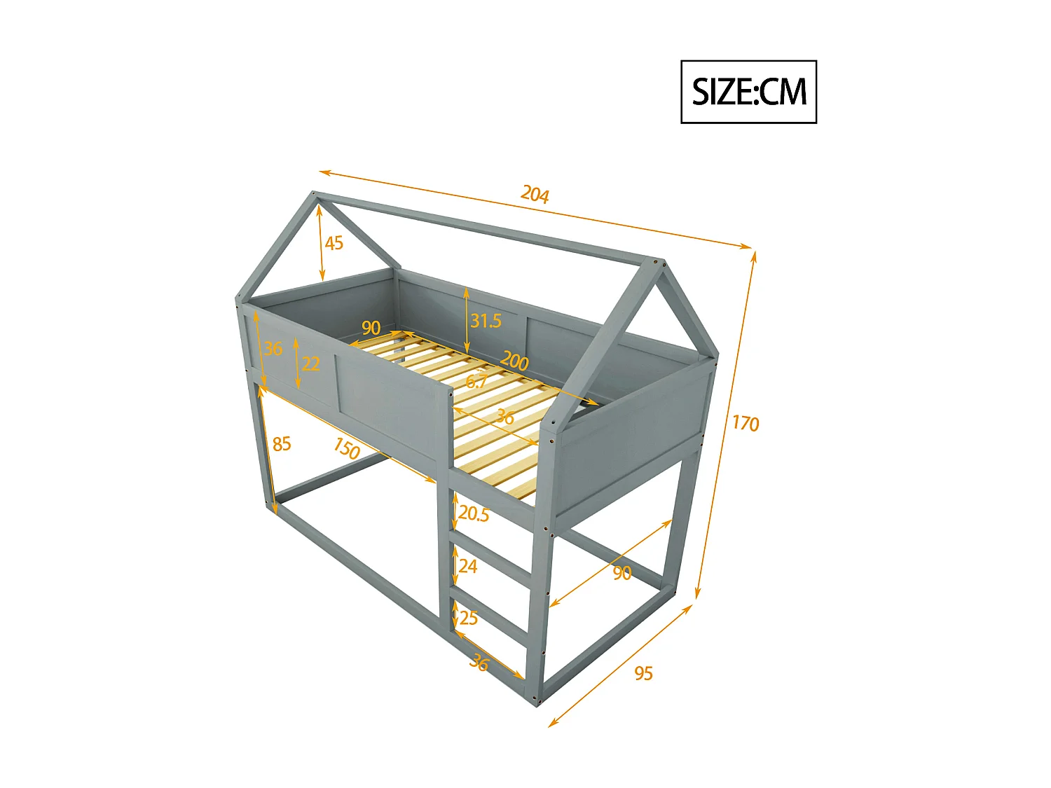 Stapelbed 90x200cm - met trap - massief houtstructuur - Grijs