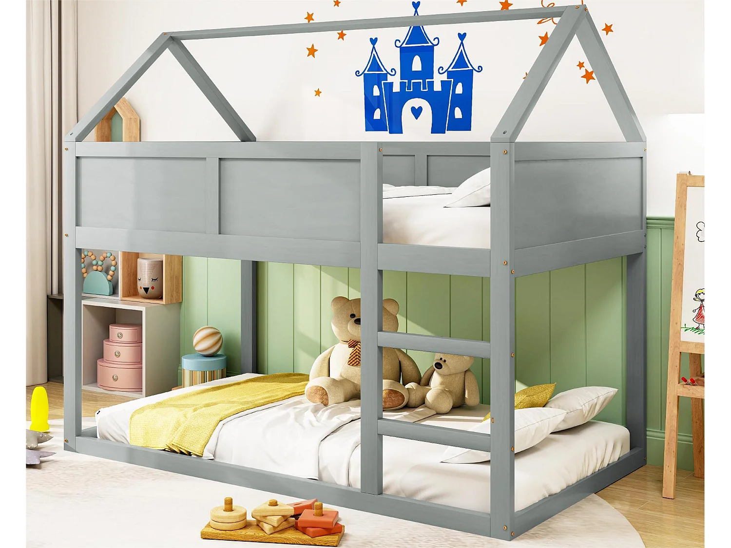 Lit superposé 90x200cm - avec escalier - structure en bois massif - Gris