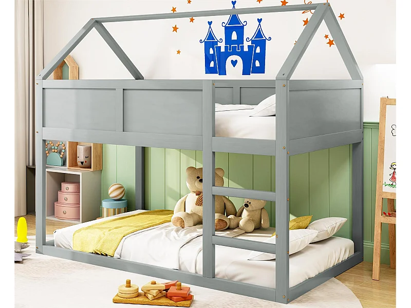 Lit superposé 90x200cm - avec escalier - structure en bois massif - Gris