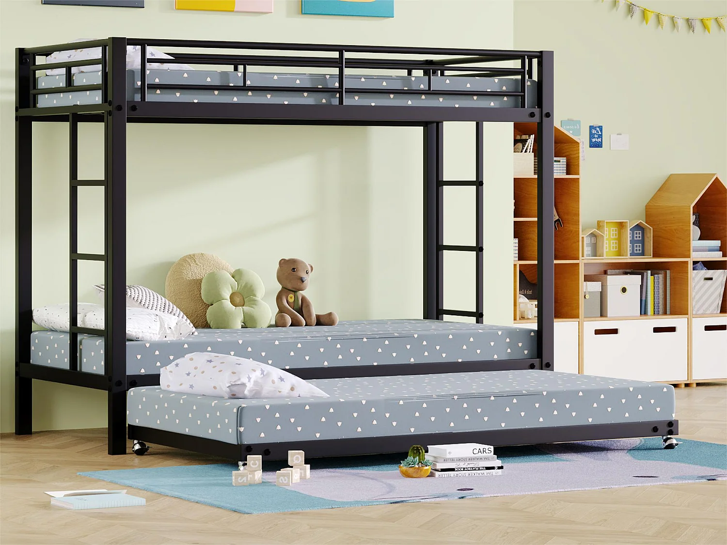 Metalen stapelbed 90x200cm - met onderschuifbed van 90x190cm op wielen - Zwart