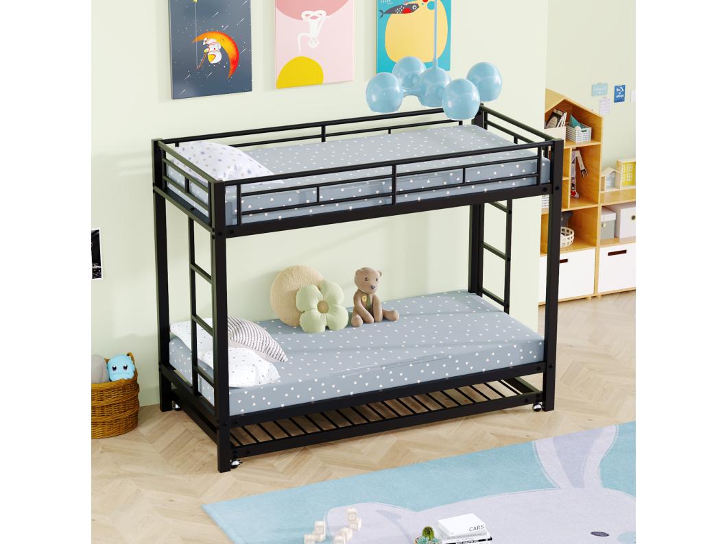 Letto a castello in metallo 90x200 cm - con letto estraibile su rotelle 90x190 cm - Nero