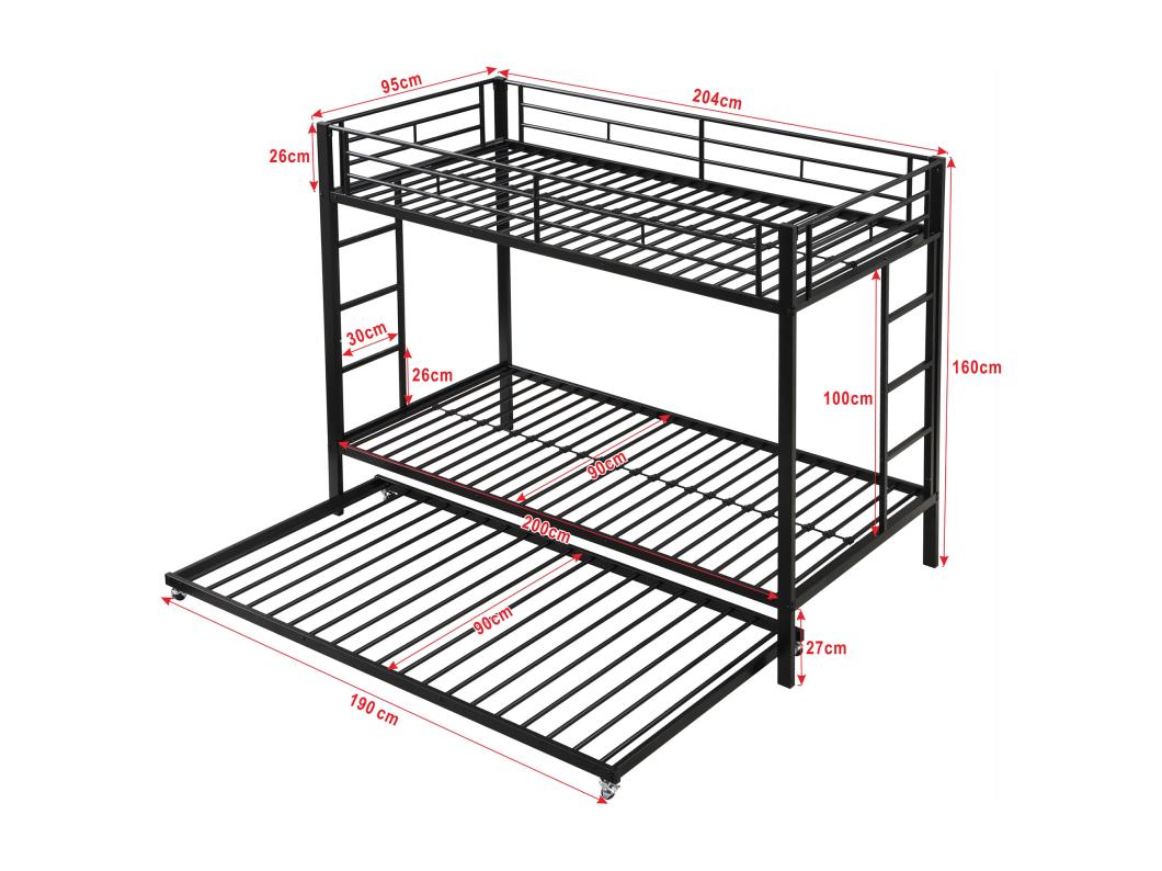 Beliche metálico 90x200cm - com cama de gavetão 90x190cm com rodízios - Preto
