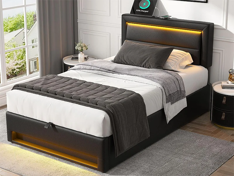 90x200 cm kunstleer opbergbed met LED - met oplaadpoorten (bedraad en draadloos) - Zwart