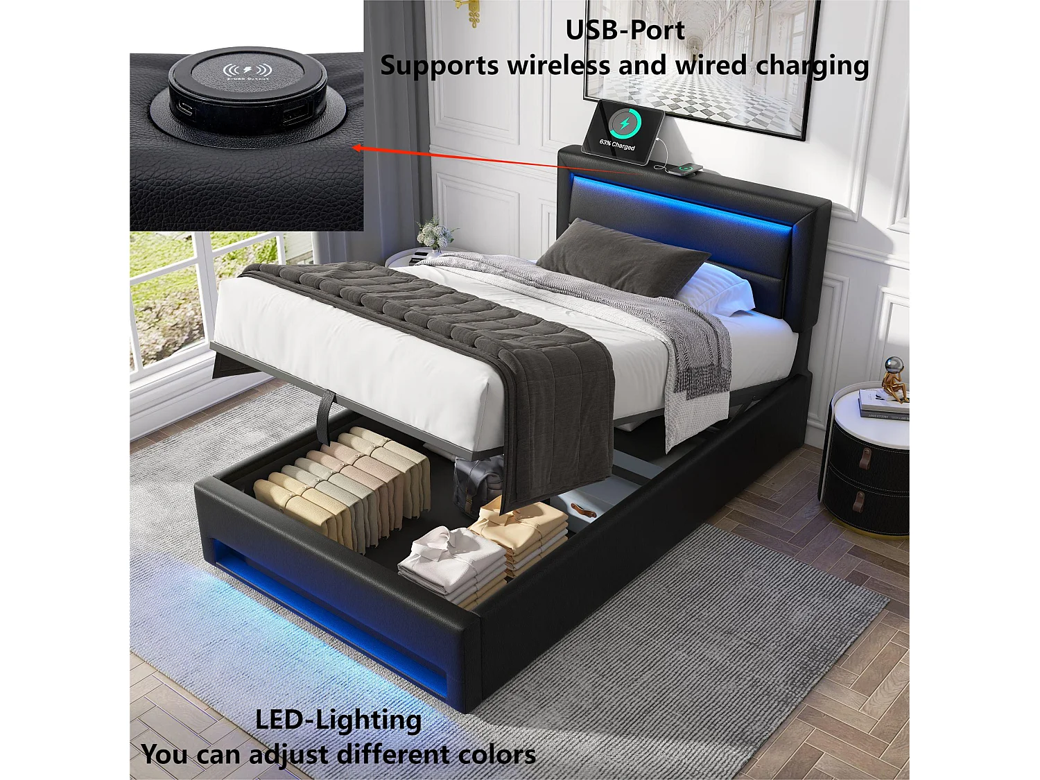 Cama contenedor de piel sintética de 90x200 cm con LED - con puertos de carga (con cable e inalámbrico) - Negro