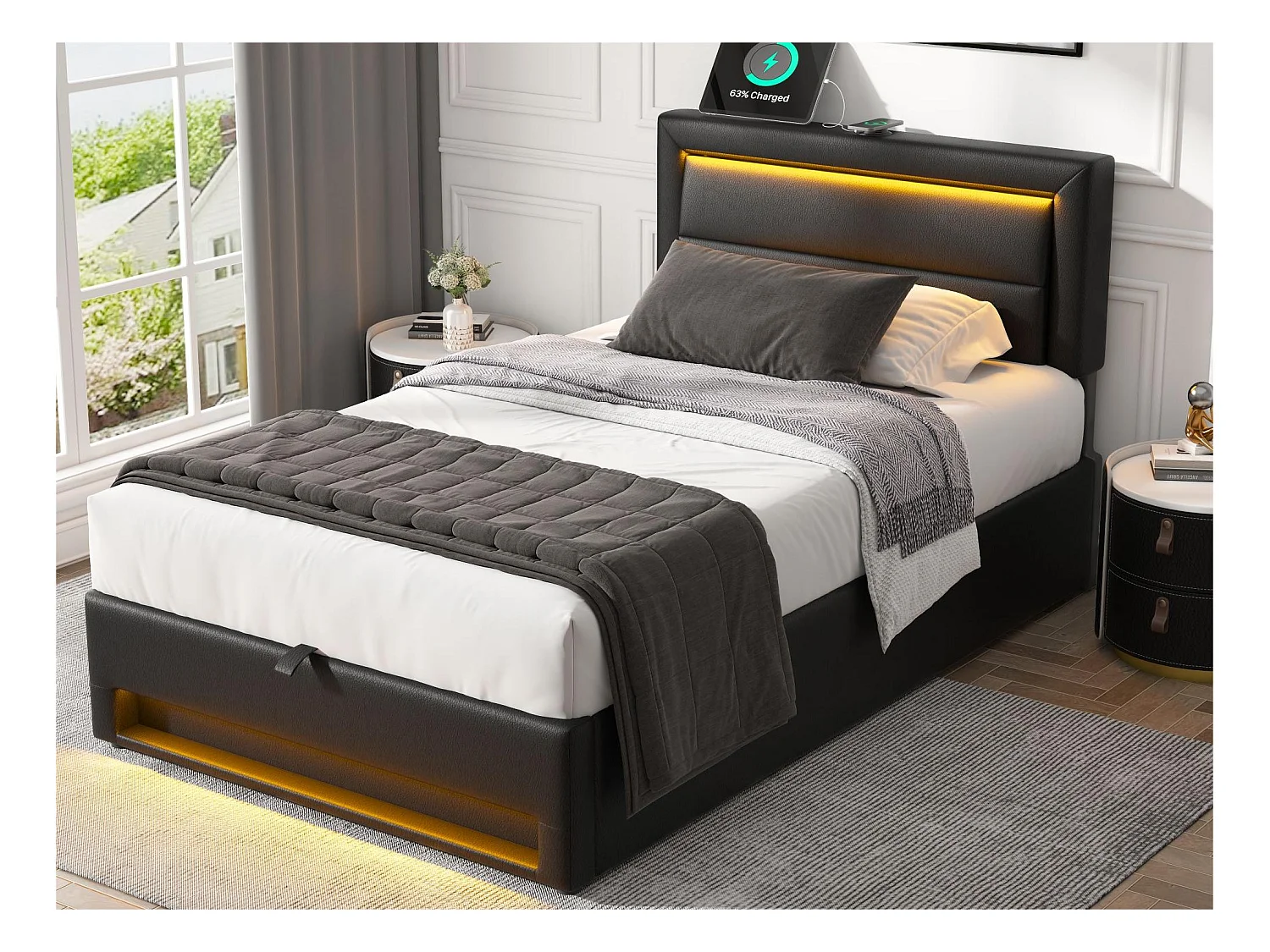 Lit coffre 90x200 cm en similicuir avec LED - avec ports de recharge (filaire & sans fil) - Noir