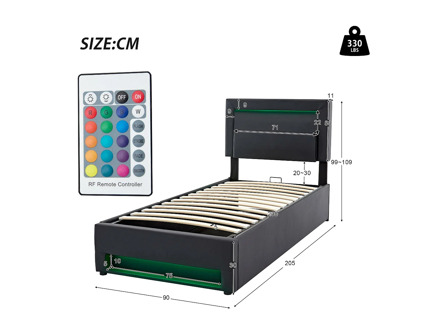 Lit coffre 90x200 cm en similicuir avec LED - avec ports de recharge (filaire & sans fil) - Noir