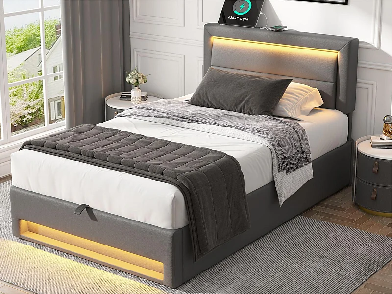 Cama contenedor de piel sintética de 90x200 cm con LED - con puertos de carga (por cable e inalámbrico) - Gris
