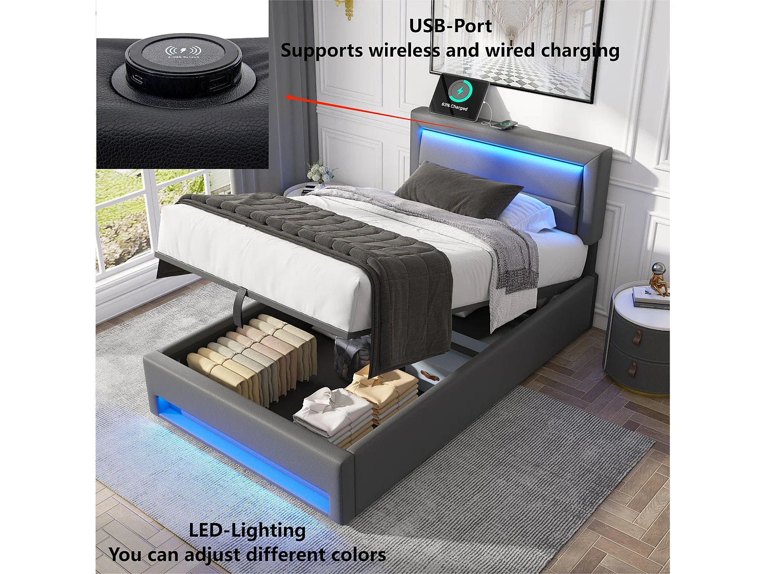 90 x 200 cm großes Stauraumbett aus Kunstleder mit LED – mit Ladeanschlüssen (kabelgebunden und kabellos) – Grau