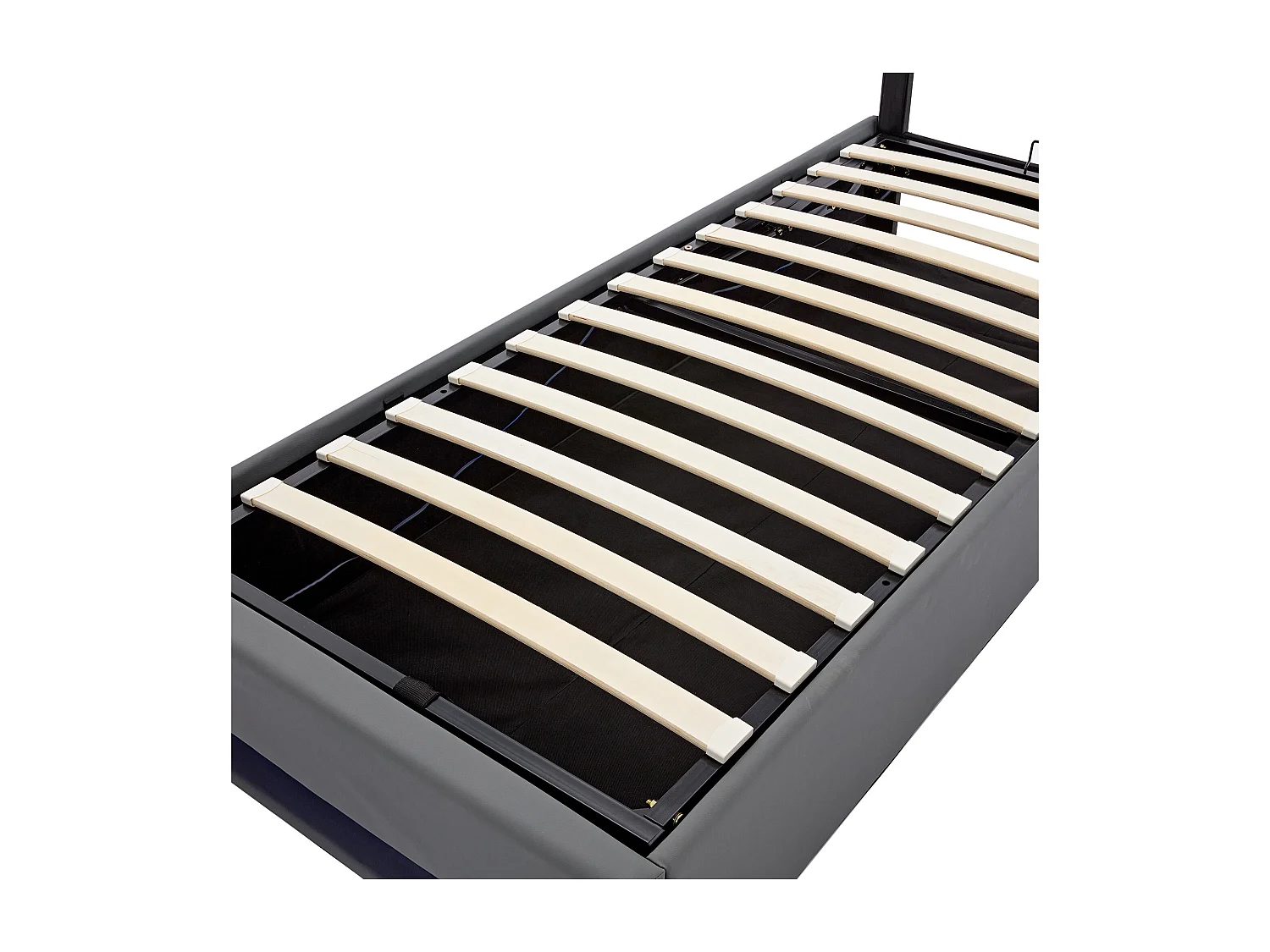 90 x 200 cm großes Stauraumbett aus Kunstleder mit LED – mit Ladeanschlüssen (kabelgebunden und kabellos) – Grau