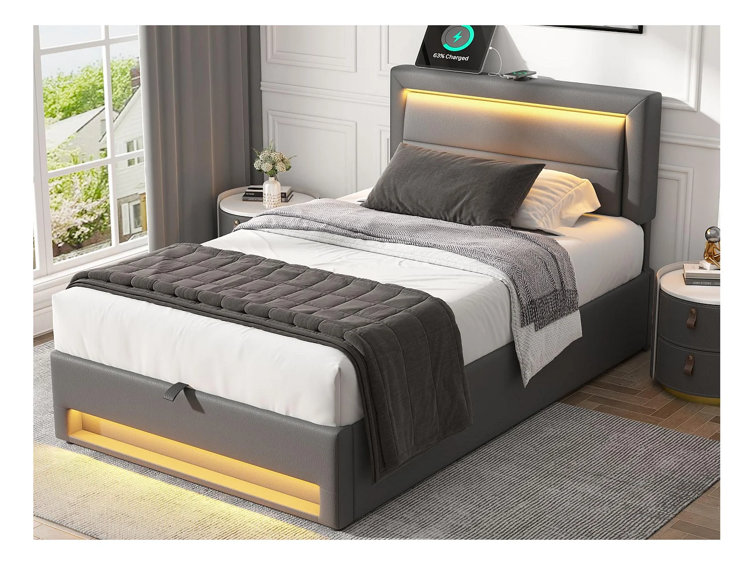 Lit coffre 90x200 cm en similicuir avec LED - avec ports de recharge (filaire & sans fil) - Gris