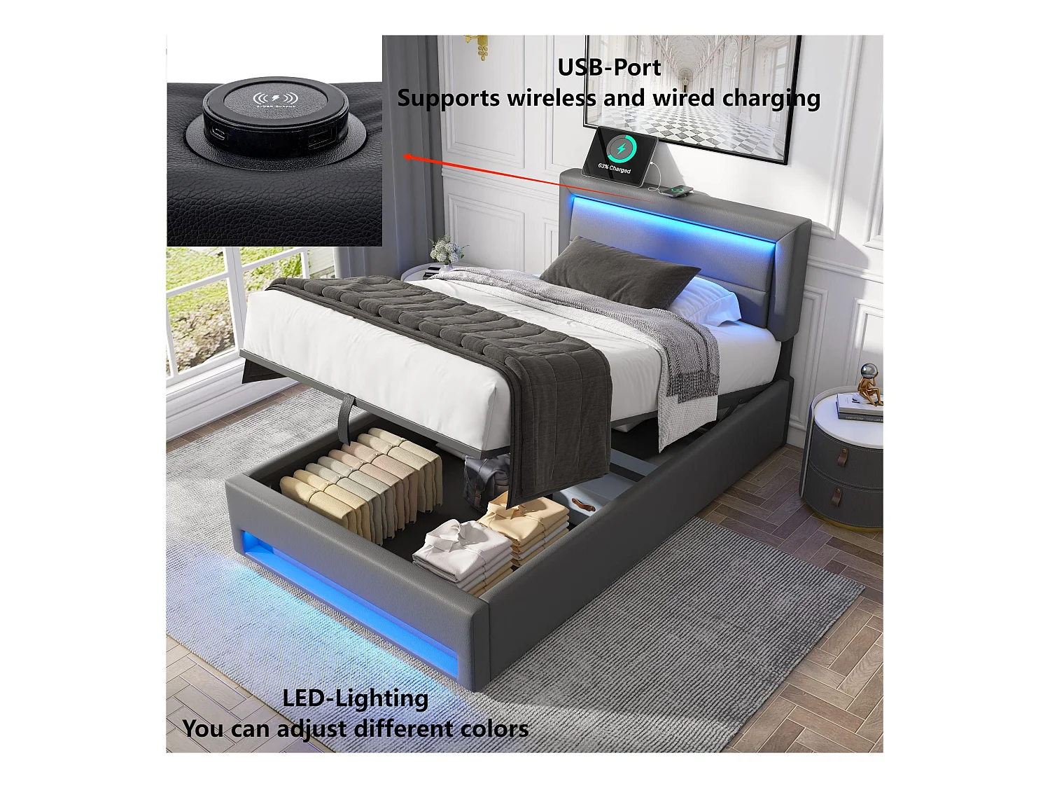 90x200 cm kunstleer opbergbed met LED - met oplaadpoorten (bedraad en draadloos) - Grijs