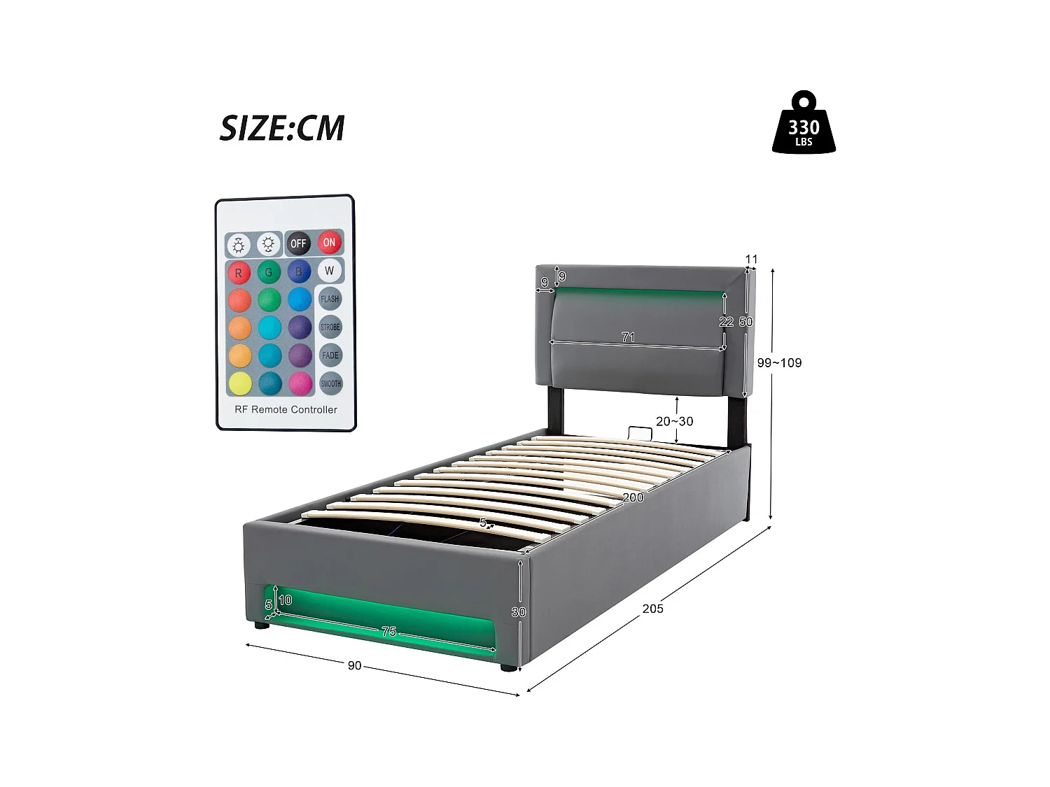 90x200 cm kunstleer opbergbed met LED - met oplaadpoorten (bedraad en draadloos) - Grijs