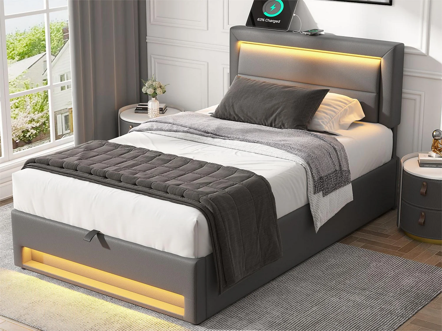 Letto contenitore 90x200 cm in ecopelle con LED - con porte di ricarica (cablata e wireless) - Grigio