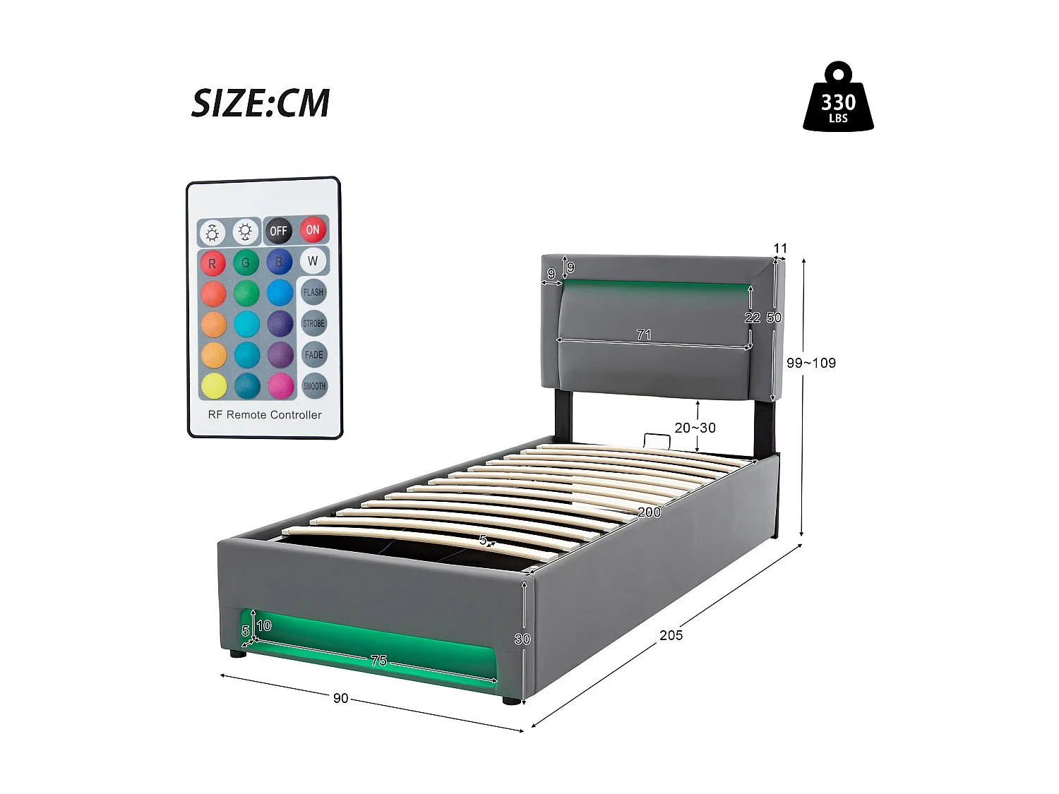 Letto contenitore 90x200 cm in ecopelle con LED - con porte di ricarica (cablata e wireless) - Grigio